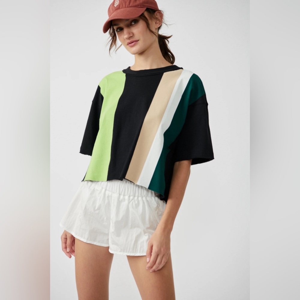 NWT Free People Movement Inspire Boxy Tee Med. Black Macchiato White Forest&Lime